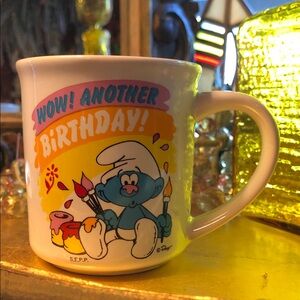 💙VINTAGE Smurfs Birthday Coffee Cup Mug - White and Orange with Blue☕️